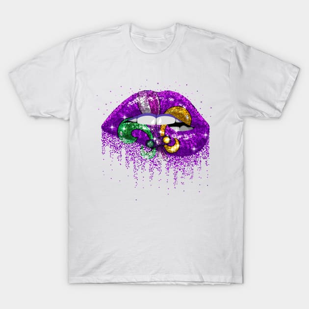 Womens Mardi Gras Carnival Costume Purple & Gold Fleur-De-Lis Lips T-Shirt by artbyhintze